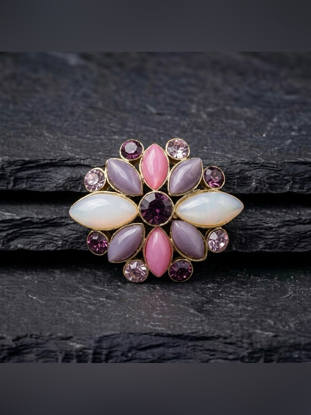 Vintage 90s Liz Claiborne Purple Pink Moonglow Lucite Marquise Rhinestone Brooch